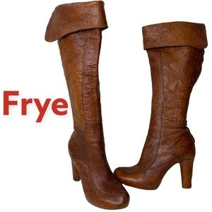 Frye Liv Cuff Textured Brown All Leather Tall Full Back Zipper Heeled Boots 9.5.